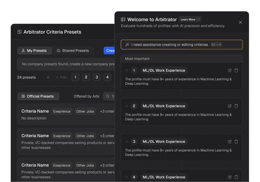 Arbi custom rubrics with Arbitrator criteria presets and priority settings